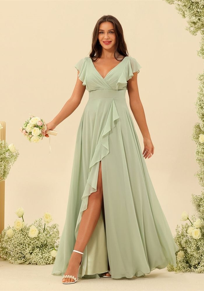 Kleid Mintgrun Festlich V-ausschnitt