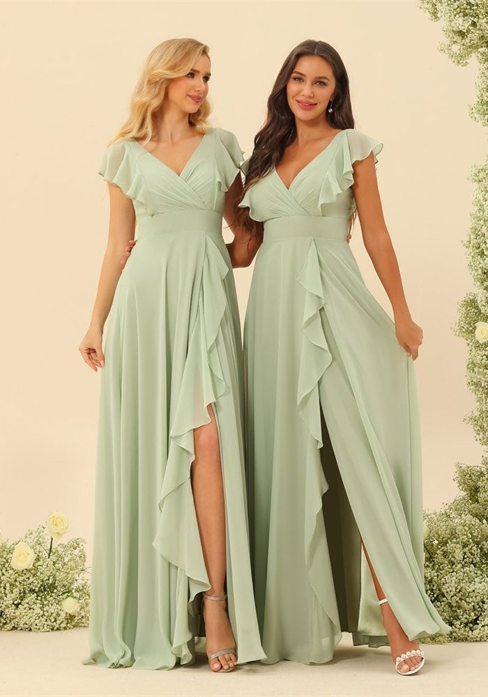 Kleid Mintgrun Festlich V-ausschnitt