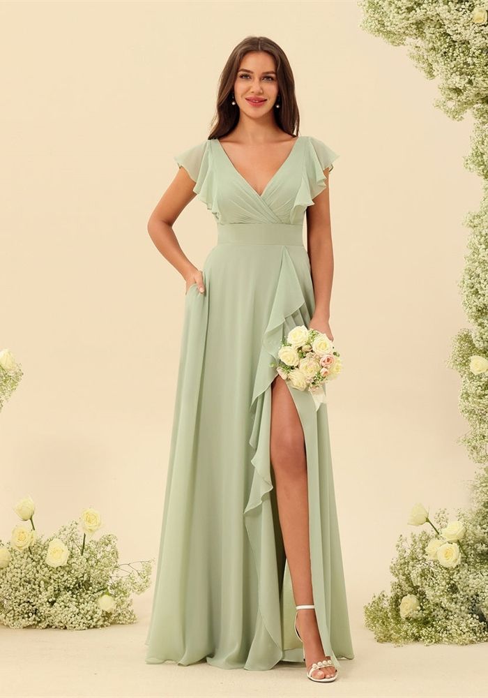 Kleid Mintgrun Festlich V-ausschnitt